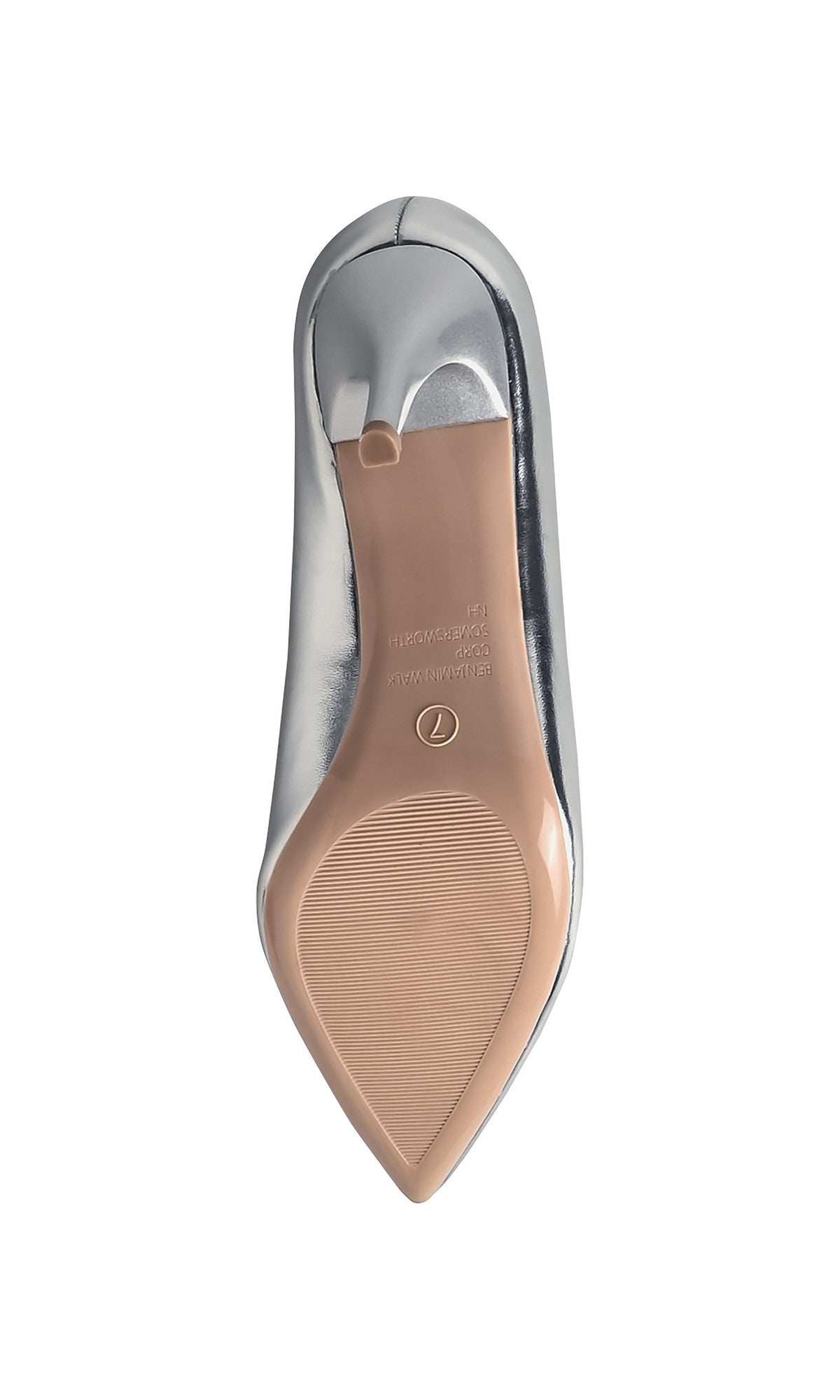 The Tia Silver Prom Shoes: Touch Ups 4750 are pointed-toe high heels, ideal for prom, shown from the bottom with a beige textured-grip sole and the manufacturer’s details stamped on the arch.